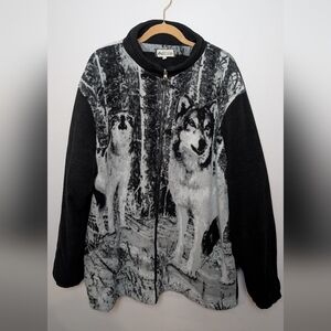 Mountain Ridge Black & White Wolf Fleece Jacket, Size XXL